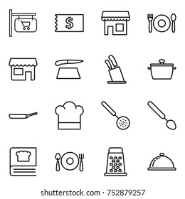 thin line icon set : shop signboard, receipt, cafe, cutting board, stands for knives, pan, cook hat, skimmer, big spoon, cooking book, fork plate, grater, meal cap