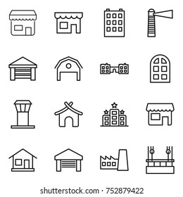 thin line icon set : shop, building, lighthouse, garage, barn, school, arch window, airport tower, bungalow, hotel, home, factory, skysrcapers cleaning