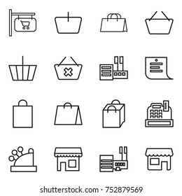 thin line icon set : shop signboard, basket, shopping bag, delete cart, store, list, cashbox, mall