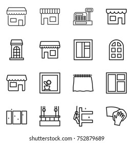 thin line icon set : shop, cashbox, building, window, arch, flower in, curtain, clean, skysrcapers cleaning, skyscrapers, wiping