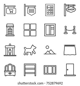 thin line icon set : shop signboard, abacus, building, window, vip fence, detector, dog, landscape, curtain, dresser, rack, door