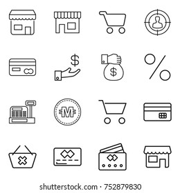 thin line icon set : shop, cart, target audience, card, investment, money gift, percent, cashbox, crypto currency, credit, delete