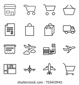 thin line icon set : shop, cart, basket, account balance, shopping bag, delivery, atm receipt, journey, mall, plane, consolidated cargo, airplane