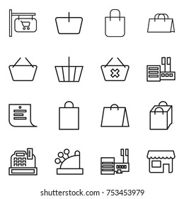 thin line icon set : shop signboard, basket, shopping bag, delete cart, store, list, cashbox, mall