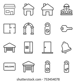 thin line icon set : shop, home, mansion, plan, arch, do not distrub, key, garage, fridge, door, bell, welcome mat, please clean