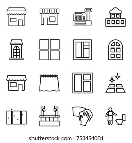 thin line icon set : shop, cashbox, cottage, building, window, arch, curtain, clean floor, skysrcapers cleaning, wiping, toilet