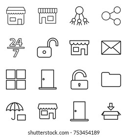 thin line icon set : shop, share, 24 7, unlock, mail, window, door, documents, insurance, package