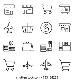 thin line icon set : shop, cart, presentation, plane, basket, dollar coin, store, shopping bag, mall, consolidated cargo, airplane