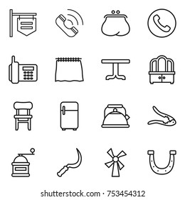 thin line icon set : shop signboard, call, purse, phone, curtain, table, dresser, chair, fridge, kettle, walnut crack, hand mill, sickle, windmill, horseshoe