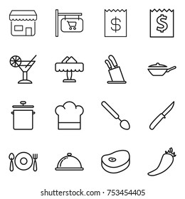 thin line icon set : shop, signboard, receipt, cocktail, restaurant, stands for knives, pan, cook hat, big spoon, knife, fork plate, meal cap, steake, hot pepper