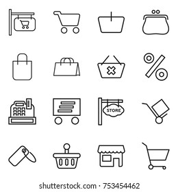 thin line icon set : shop signboard, cart, basket, purse, shopping bag, delete, percent, cashbox, delivery, store, trolley, label