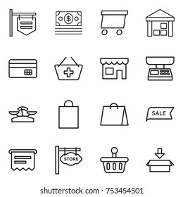 thin line icon set : shop signboard, money, delivery, warehouse, credit card, add to basket, market scales, shopping bag, sale, atm receipt, store, package