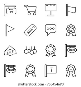 thin line icon set : shop signboard, cart, billboard, flag, sale, message, medal, store, important