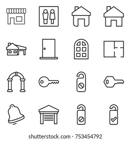 thin line icon set : shop, wc, home, house with garage, door, arch window, plan, key, do not distrub, bell, please clean