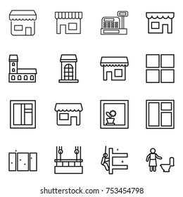 thin line icon set : shop, cashbox, mansion, building, window, flower in, clean, skysrcapers cleaning, skyscrapers, toilet