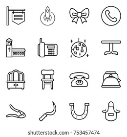 thin line icon set : shop signboard, rocket, bow, phone, church, disco ball, table, dresser, chair, kettle, walnut crack, sickle, horseshoe, apron