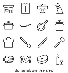 thin line icon set : shop, receipt, restaurant, stands for knives, pan, cook hat, big spoon, knife, meat hammer, plates, fork plate, steak, wine