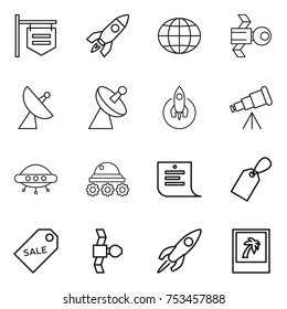 thin line icon set : shop signboard, rocket, globe, satellite, antenna, telescope, ufo, lunar rover, shopping list, label, sale, photo