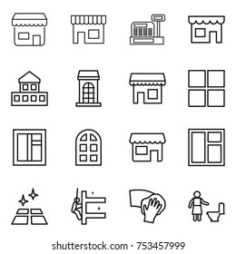 thin line icon set : shop, cashbox, cottage, building, window, arch, clean floor, skyscrapers cleaning, wiping, toilet