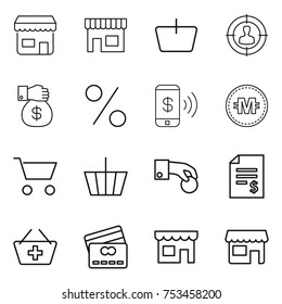 thin line icon set : shop, basket, target audience, money gift, percent, phone pay, crypto currency, cart, hand coin, account balance, add to, credit card