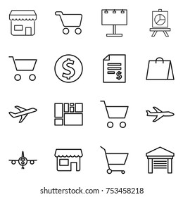 thin line icon set : shop, cart, billboard, presentation, dollar coin, account balance, shopping bag, plane, consolidated cargo, garage