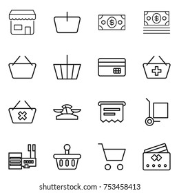 thin line icon set : shop, basket, money, credit card, add to, delete cart, scales, atm receipt, cargo stoller, mall