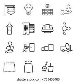 thin line icon set : shop signboard, bulb brain, sun power, chemical industry, tower, houses, building helmet, satellite, client, courier delivery, sorting, fork loader, curtain, flour