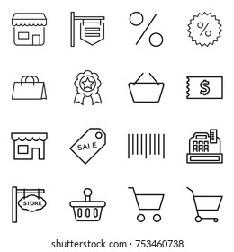 thin line icon set : shop, signboard, percent, shopping bag, medal, basket, receipt, sale label, bar code, cashbox, store, cart