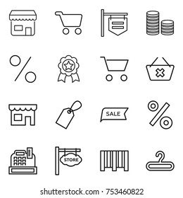 thin line icon set : shop, cart, signboard, coin stack, percent, medal, delete, label, sale, cashbox, store, bar code, hanger