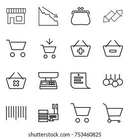 thin line icon set : shop, crisis, purse, up down arrow, cart, add to, basket, remove from, delete, market scales, shopping list, sale, bar code, mall