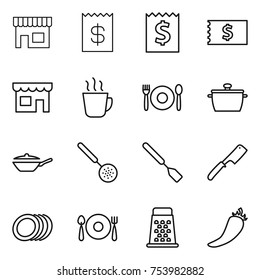 thin line icon set : shop, receipt, hot drink, cafe, pan, skimmer, spatula, chef knife, plates, fork spoon plate, grater, pepper