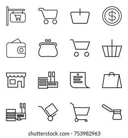 thin line icon set : shop signboard, cart, basket, dollar, wallet, purse, store, shopping list, bag, mall, trolley, turk