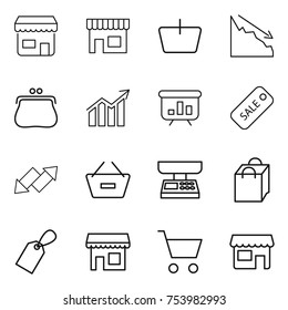 thin line icon set : shop, basket, crisis, purse, diagram, presentation, sale, up down arrow, remove from, market scales, shopping bag, label, cart