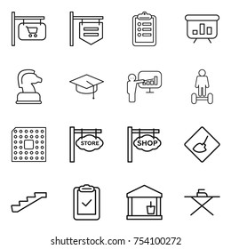 thin line icon set : shop signboard, clipboard, presentation, chess horse, graduate hat, hoverboard, cpu, store, under construction, stairs, check, utility room, iron board