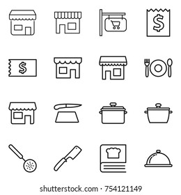thin line icon set : shop, signboard, receipt, cafe, cutting board, pan, skimmer, chef knife, cooking book, meal cap