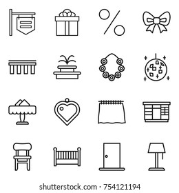 thin line icon set : shop signboard, gift, percent, bow, bridge, fountain, hawaiian wreath, disco ball, restaurant, heart pendant, curtain, wardrobe, chair, crib, door, floor lamp