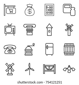 thin line icon set : shop signboard, money bag, abacus, scales weight, tv, column, tower, windmill, phone, hand mill, fridge, barrel, farm fence, hard reach place cleaning