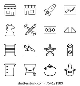 thin line icon set : shop, rocket, statistics, chess horse, pencil wrench, money, pyramid, rack, arrival, starfish, do not distrub, measuring cup, bbq, tomato, apron