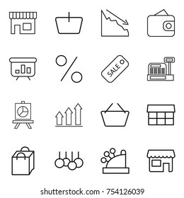 thin line icon set : shop, basket, crisis, wallet, presentation, percent, sale, cashbox, graph up, market, shopping bag