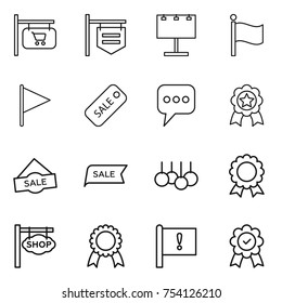 thin line icon set : shop signboard, billboard, flag, sale, message, medal, important