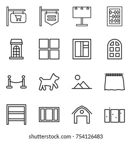 thin line icon set : shop signboard, billboard, abacus, building, window, arch, vip fence, dog, landscape, curtain, rack, barn, clean