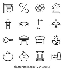 thin line icon set : shop signboard, percent, atom, table lamp, tower, bridge, outdoor light, airplane, key, garage, chief hat, fire, tomato, cupcake, barrel, factory