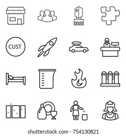 thin line icon set : shop, group, crystall memory, puzzle, customs, rocket, car baggage, reception, bed, measuring cup, fire, grain elevator, clean window, dish cleanser, garbage bin, cleaner