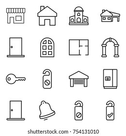 thin line icon set : shop, home, mansion, house with garage, door, arch window, plan, key, do not distrub, fridge, bell, please clean