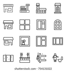 thin line icon set : shop, cashbox, mansion, building, window, arch, flower in, clean, skysrcapers cleaning, skyscrapers, toilet