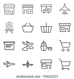thin line icon set : shop, presentation, plane, basket, atm receipt, journey, port, cart