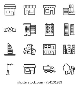 thin line icon set : shop, store, drawbridge, houses, building, skyscrapers, skyscraper, modern architecture, modular house, palace, outdoor light, sweeper, garden cleaning