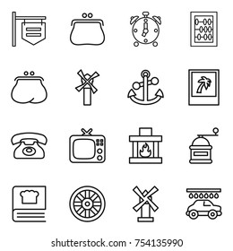 thin line icon set : shop signboard, purse, alarm clock, abacus, windmill, anchor, photo, phone, tv, fireplace, hand mill, cooking book, wheel, car wash