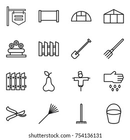thin line icon set : shop signboard, fence, greenhouse, flower bed, shovel, fork, pear, scarecrow, sow, pruner, rake, bucket