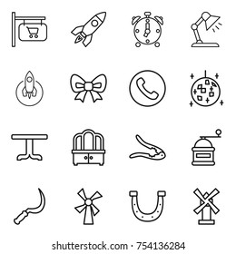 thin line icon set : shop signboard, rocket, alarm clock, table lamp, bow, phone, disco ball, dresser, walnut crack, hand mill, sickle, windmill, horseshoe